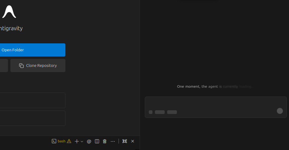 Ventana de chat de Antigravity mostrando el mensaje de carga que nunca se completa