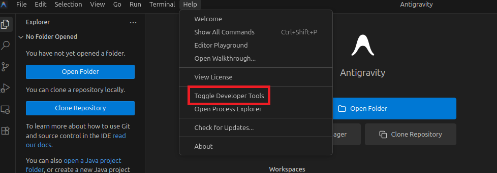 Consola de Developer Tools en Antigravity mostrando registros de errores